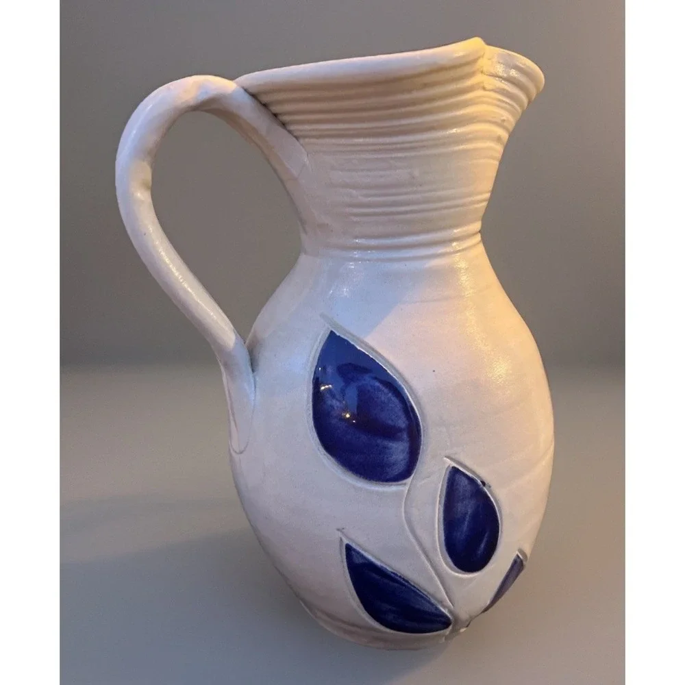 Williamsburg Pottery Pitcher Jug Vase Cobalt Blue Salt Glaze Floral 8.25